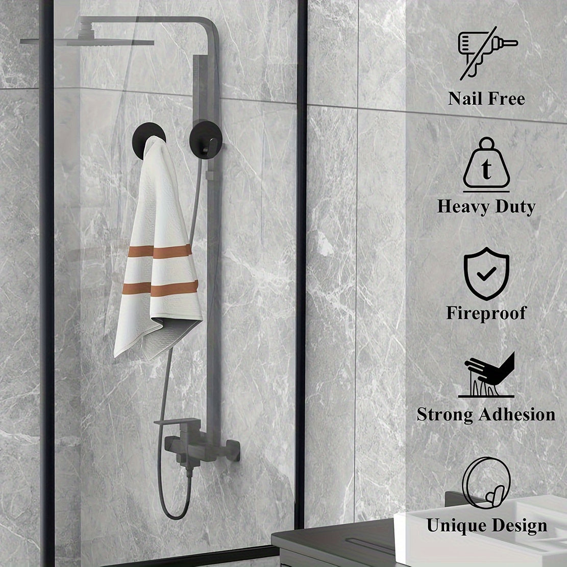 Modern Black Wall Hooks - Easy Install Adhesive Towel Hangers for Bathroom, Kitchen - Durable Robe, Clothes, Hat & Key Holders Bath\u002FBath Accessories